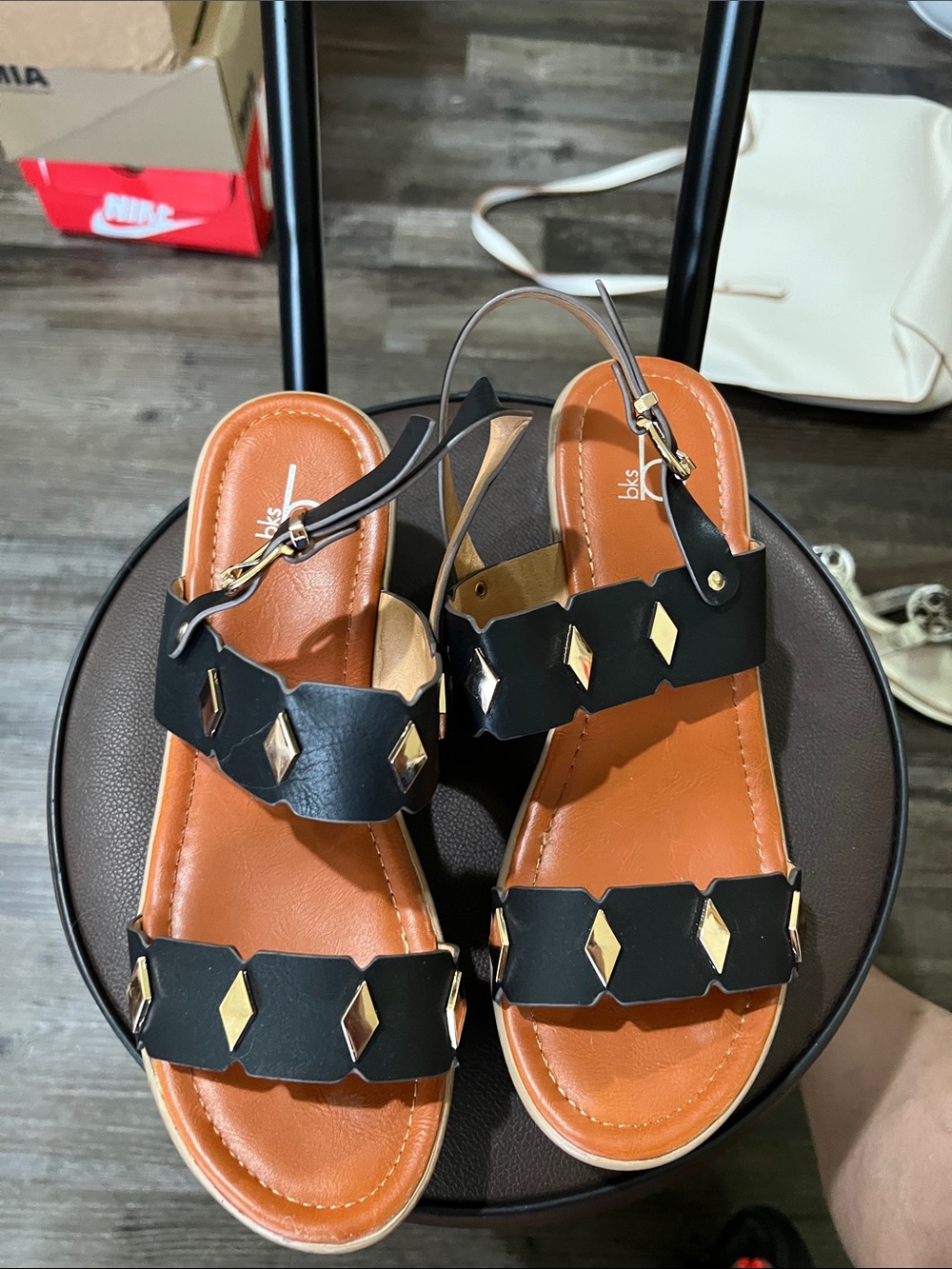Bakers Black and Tan Gold-Accent Slingback Sandals